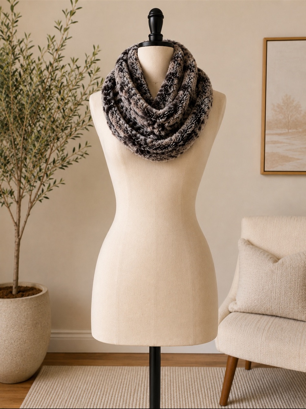 Merona Faux Fur Infinity Scarf - Black and Cream